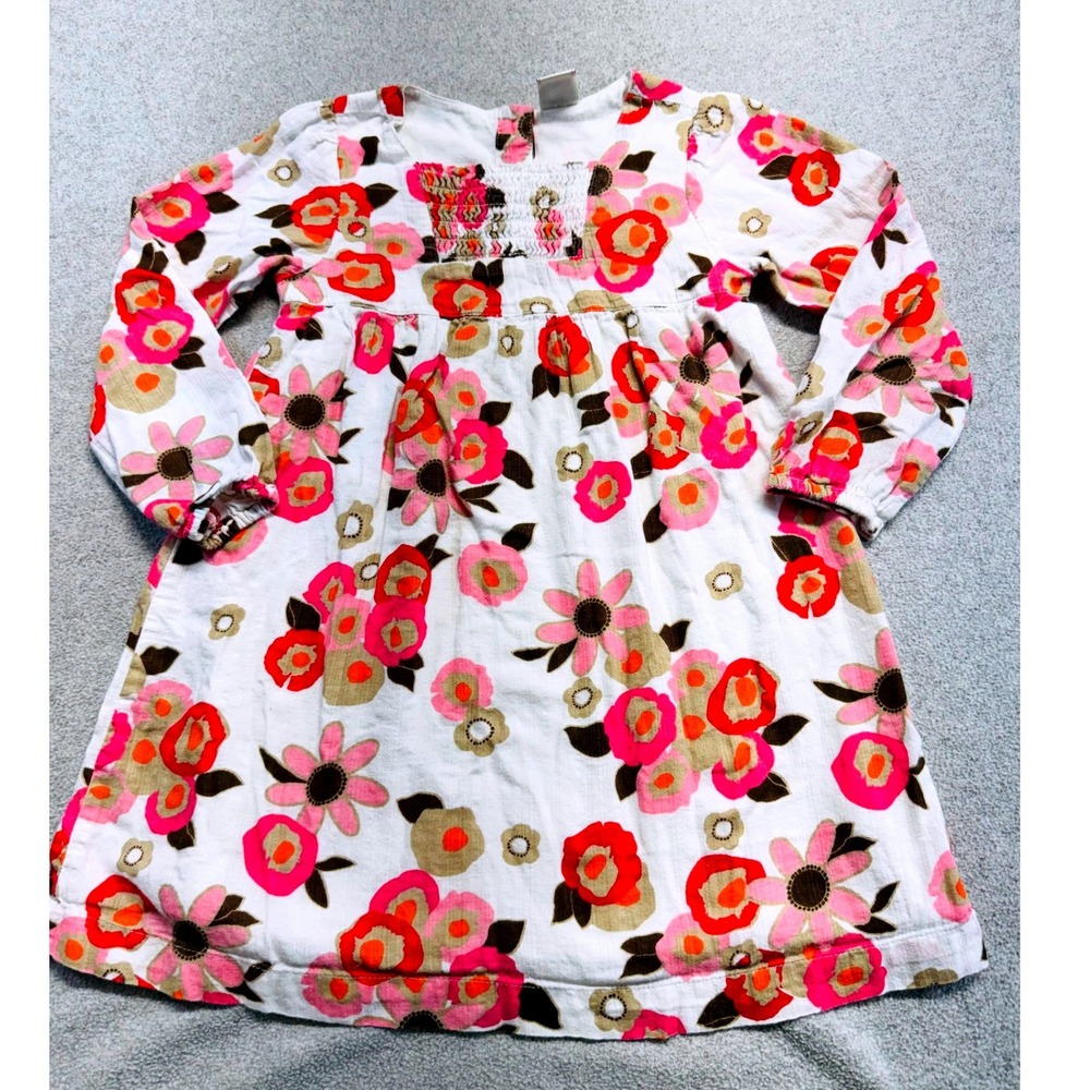 Old Navy Floral Dress Kid 4T White Pink Corduroy Smocked Long Sleeve Boho School